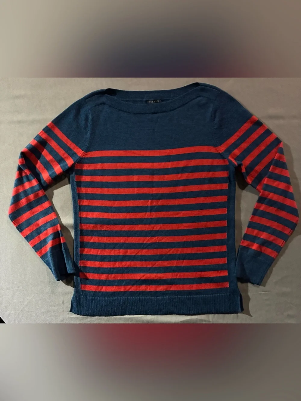 Talbots Navy and Red Striped Crewneck Sweater Top